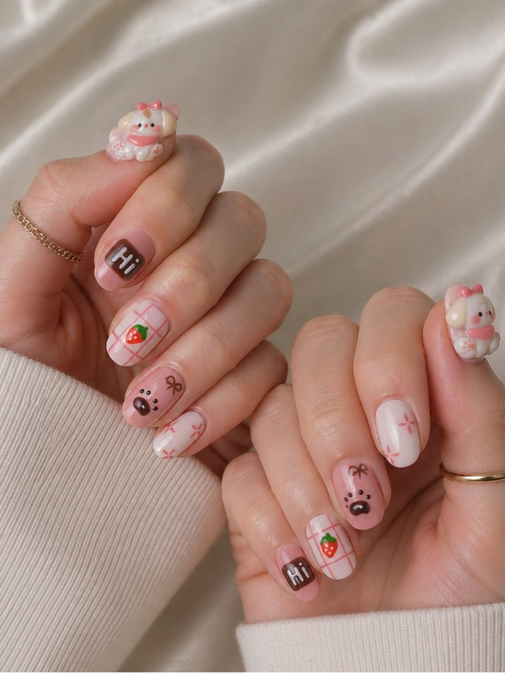 Strawberry Bear Press-On Nails | Pink 3D Charm Handmade Nail Set | Size M 🍓🐻💖